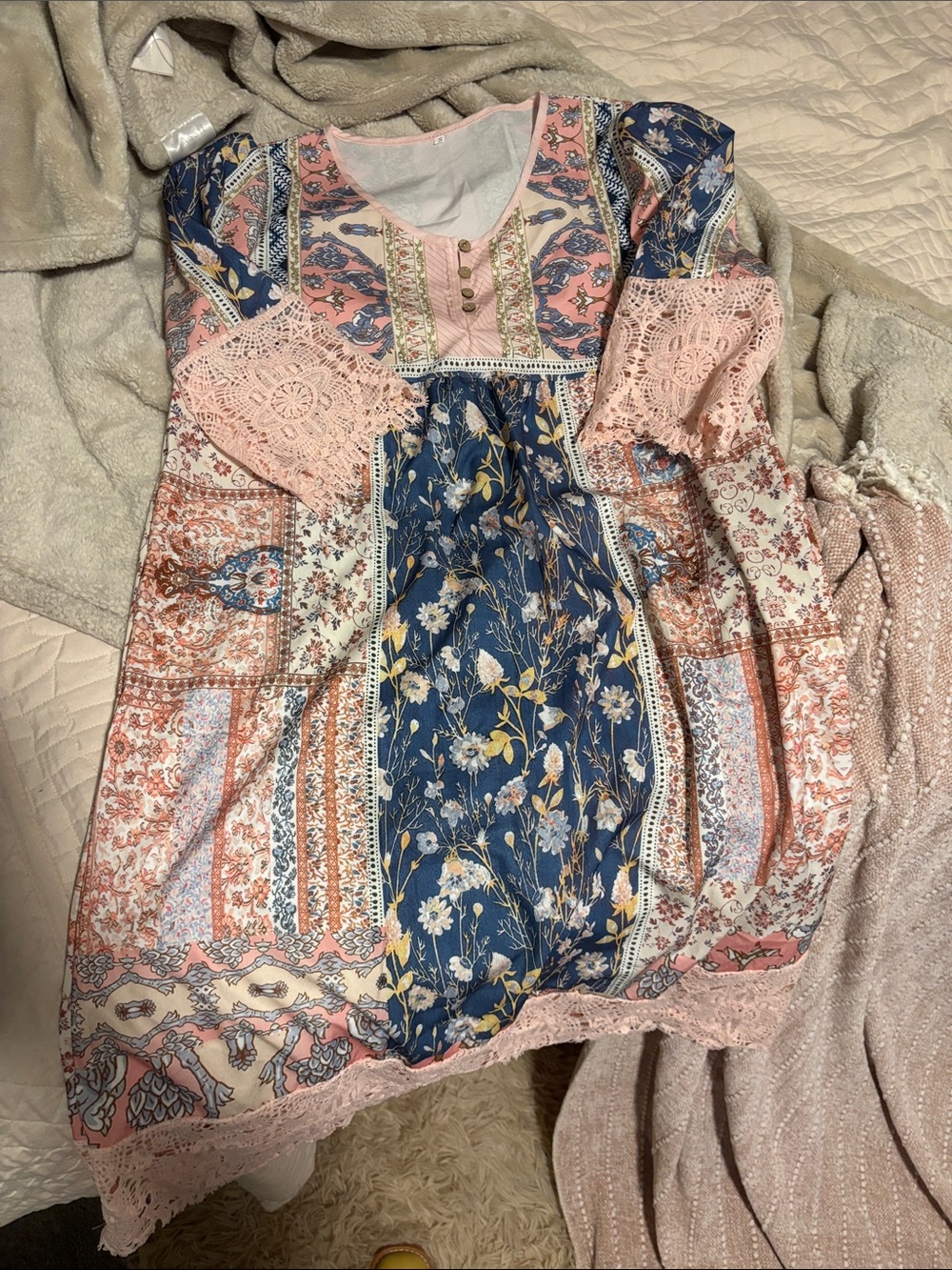 Source Unknown Pink & Navy Floral Patchwork Boho Dress